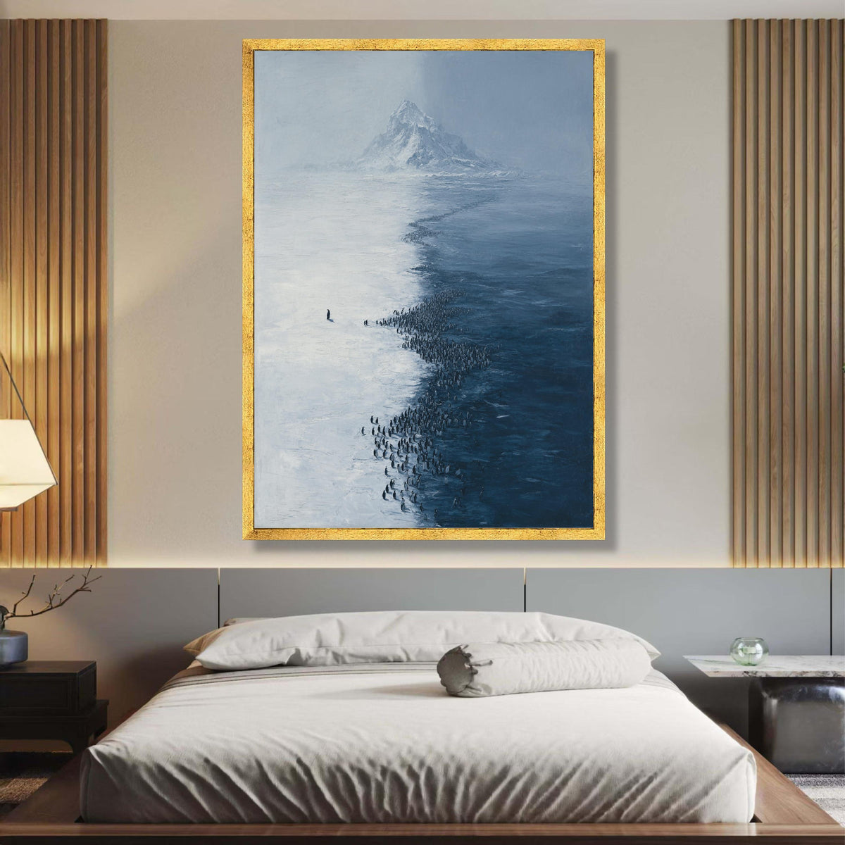 Antarctic Penguin Colony Canvas Wall Art, Snowy Mountain Landscape, Iceberg Nature Scene, Winter wall decoration, canvas print, wall art