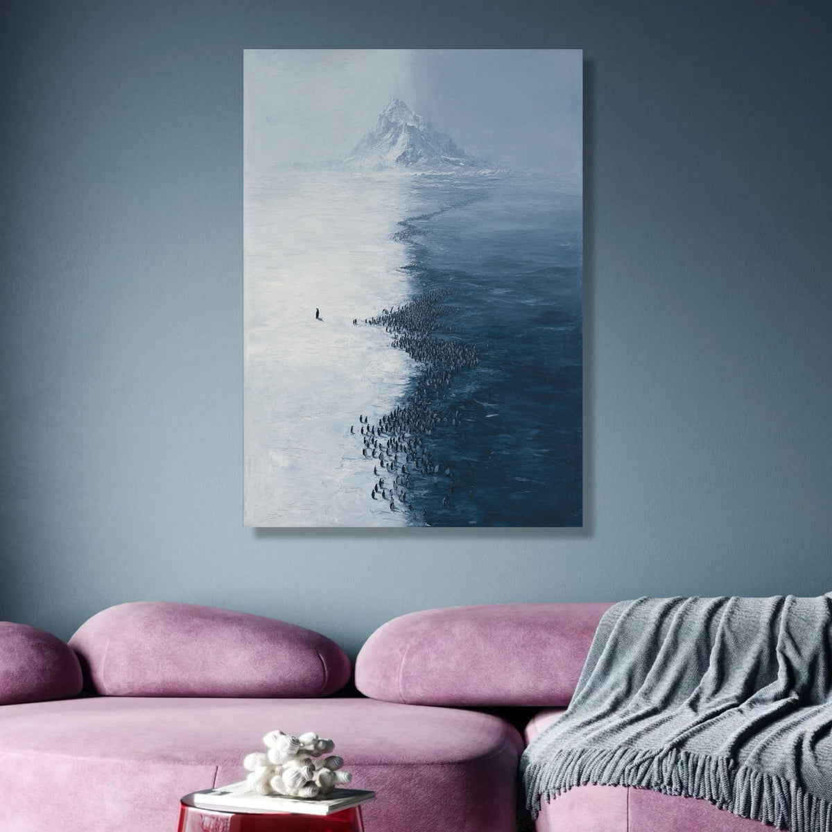 Antarctic Penguin Colony Canvas Wall Art, Snowy Mountain Landscape, Iceberg Nature Scene, Winter wall decoration, canvas print, wall art