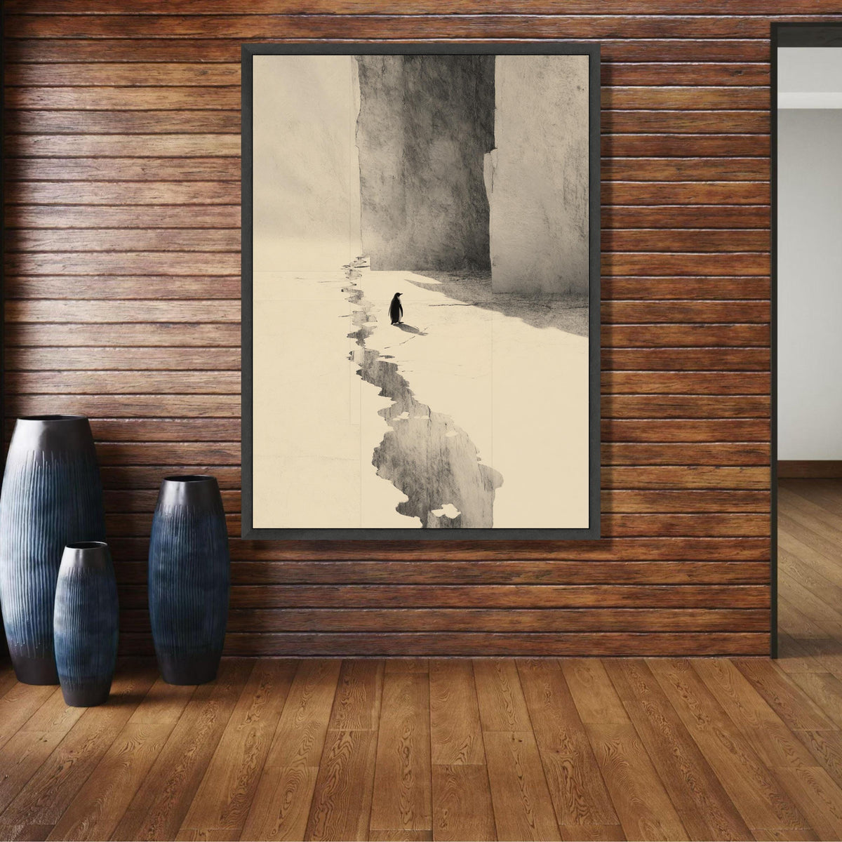 Minimalist Penguin Canvas Wall Art, Arctic Ice Landscape, Monochrome Animal Illustration, Modern wall decoration, canvas print, wall art