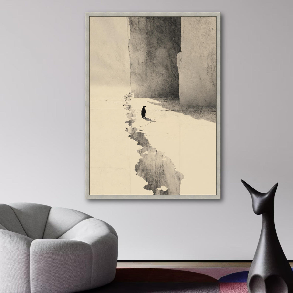Minimalist Penguin Canvas Wall Art, Arctic Ice Landscape, Monochrome Animal Illustration, Modern wall decoration, canvas print, wall art