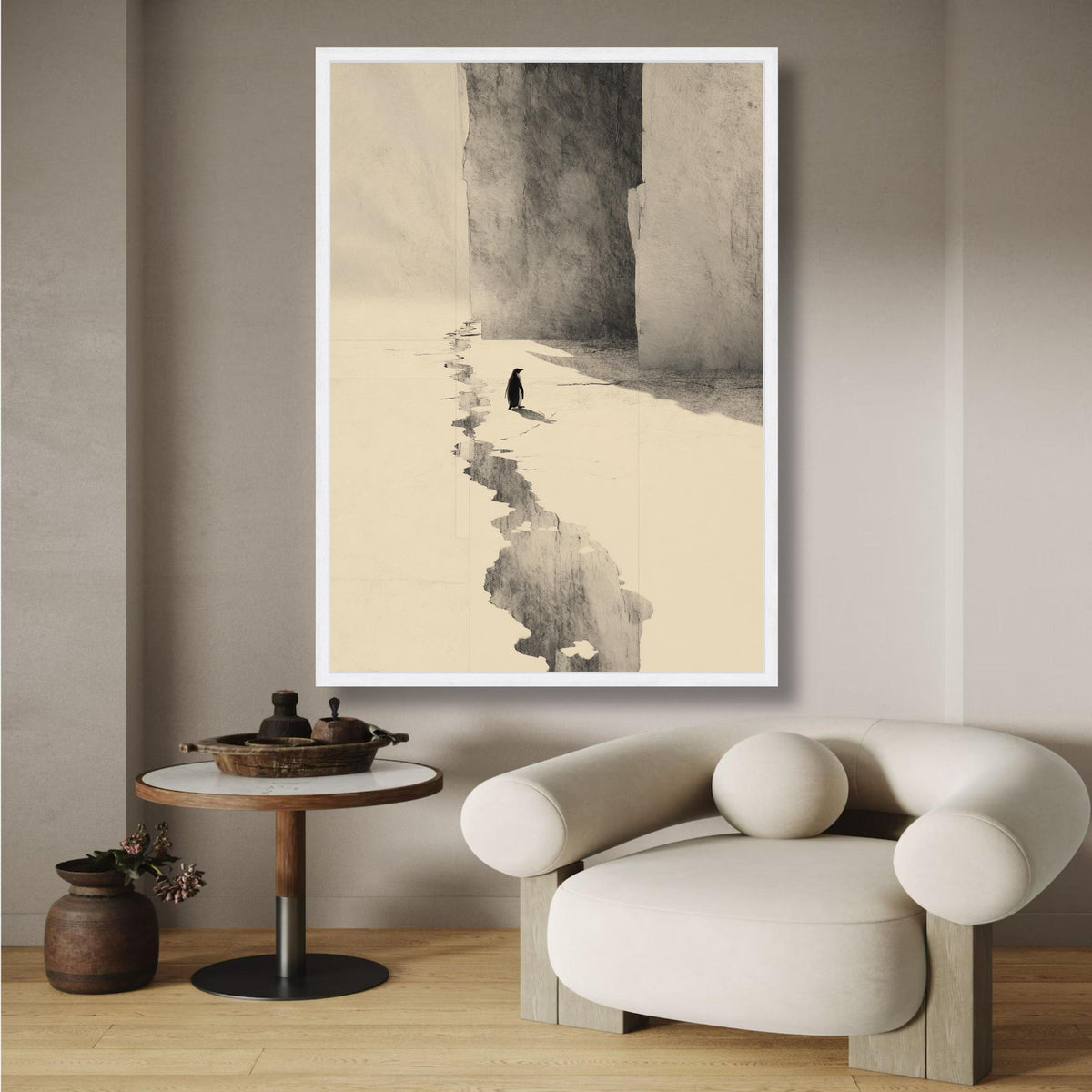 Minimalist Penguin Canvas Wall Art, Arctic Ice Landscape, Monochrome Animal Illustration, Modern wall decoration, canvas print, wall art