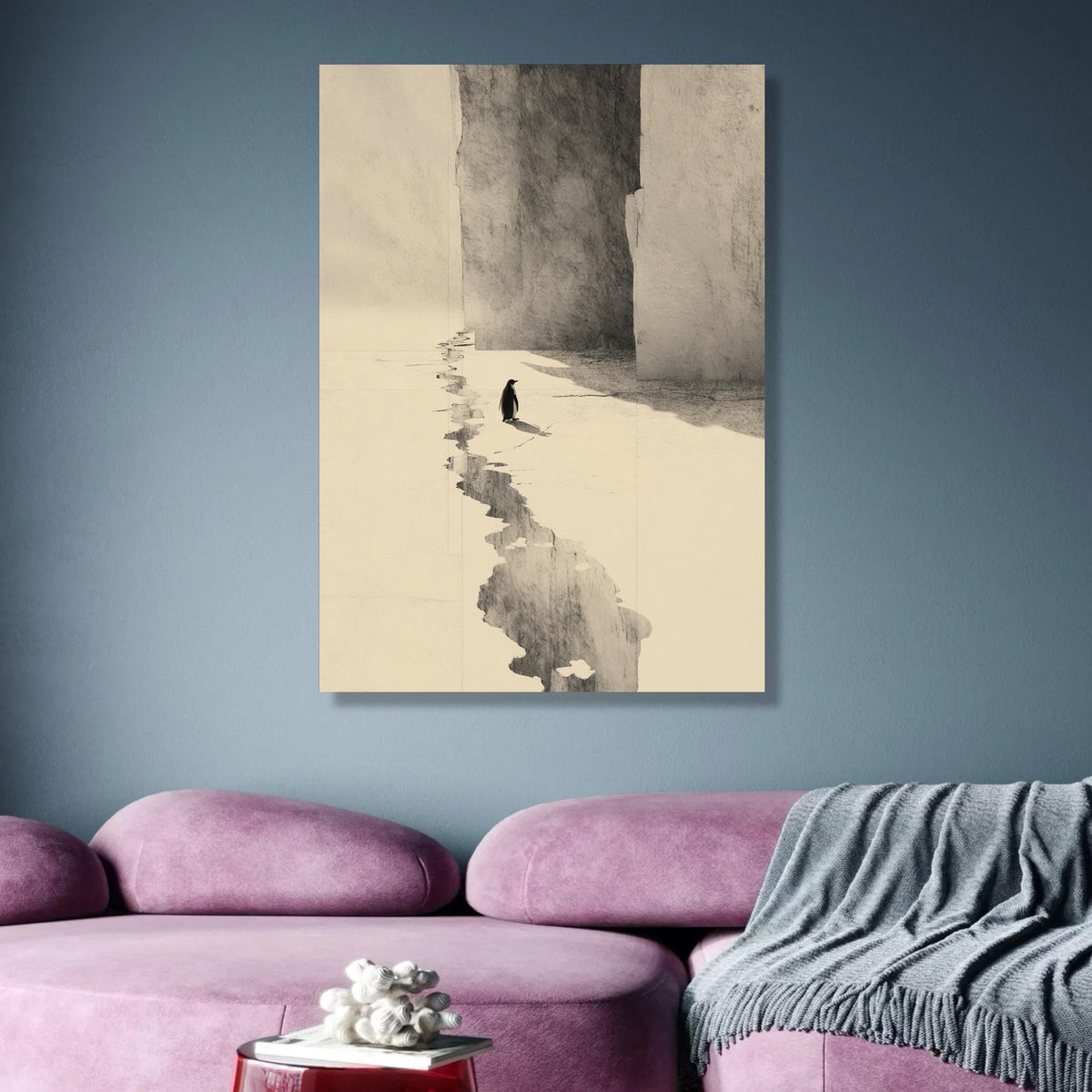 Minimalist Penguin Canvas Wall Art, Arctic Ice Landscape, Monochrome Animal Illustration, Modern wall decoration, canvas print, wall art