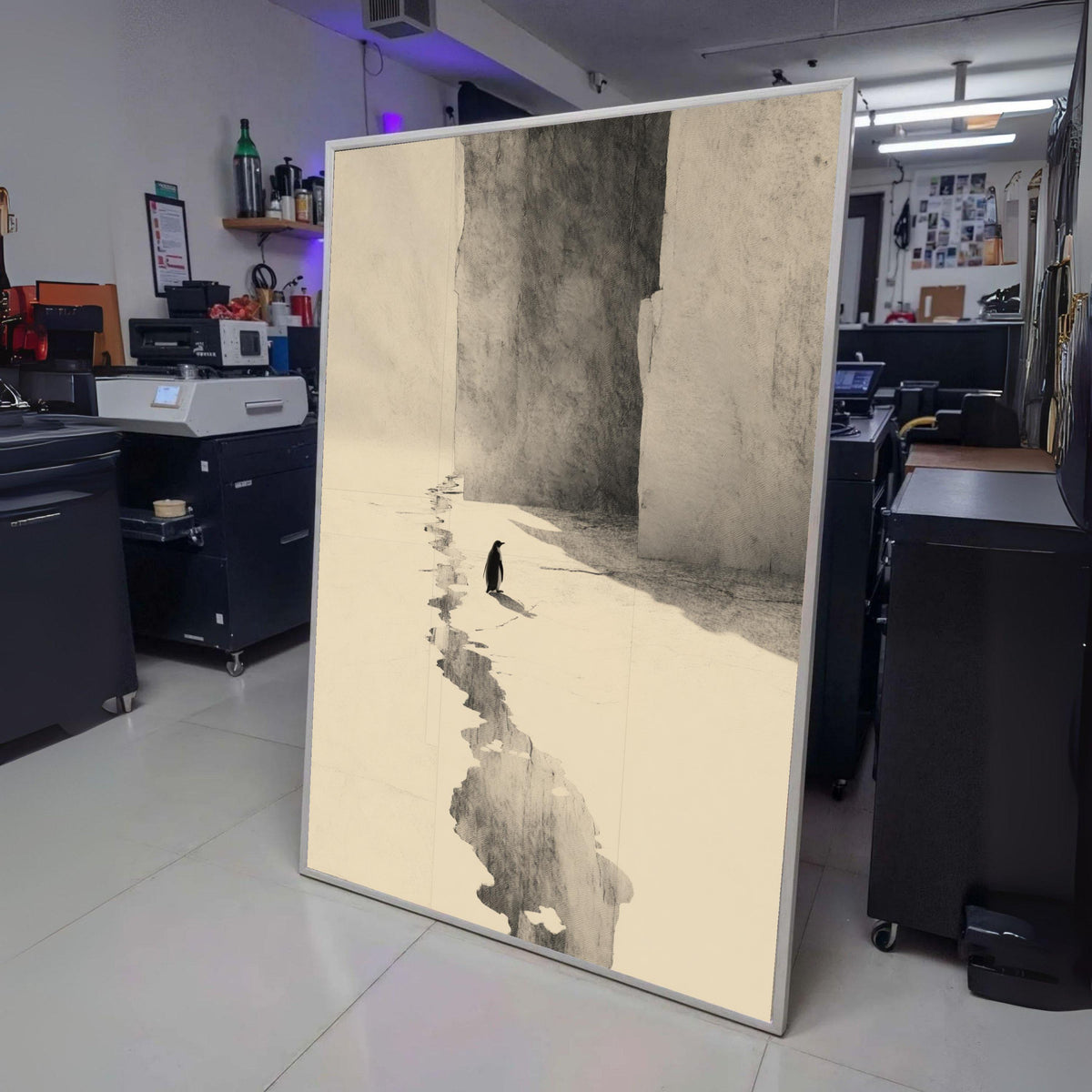 Minimalist Penguin Canvas Wall Art, Arctic Ice Landscape, Monochrome Animal Illustration, Modern wall decoration, canvas print, wall art