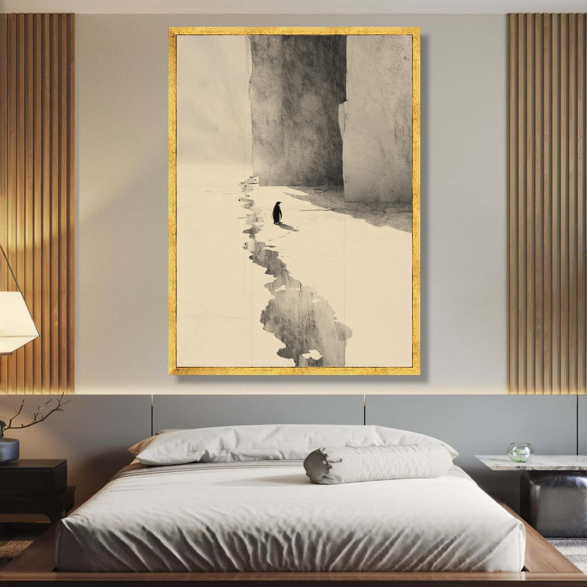 Minimalist Penguin Canvas Wall Art, Arctic Ice Landscape, Monochrome Animal Illustration, Modern wall decoration, canvas print, wall art