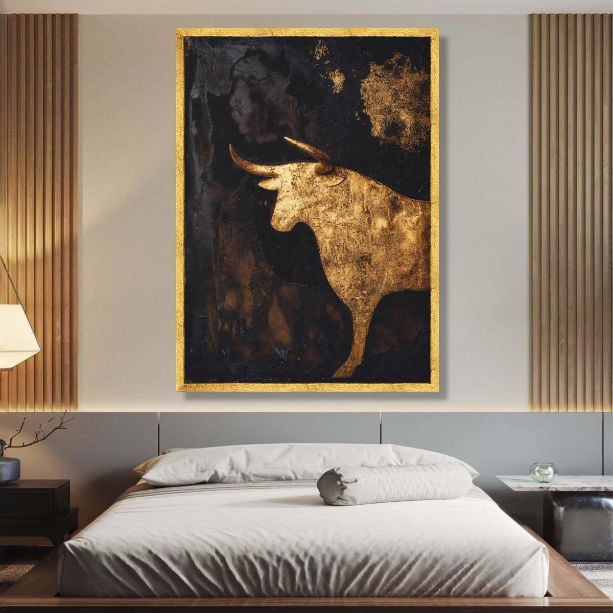 Golden Bull Silhouette Canvas Wall Art, Metallic Abstract Animal Canvas, Modern Rustic Home Decor, wall decoration, canvas print, wall art