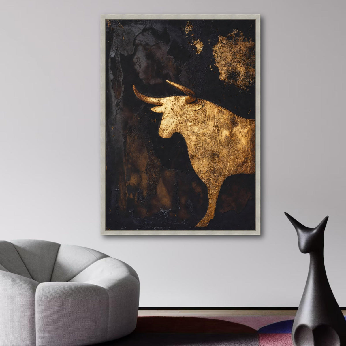 Golden Bull Silhouette Canvas Wall Art, Metallic Abstract Animal Canvas, Modern Rustic Home Decor, wall decoration, canvas print, wall art