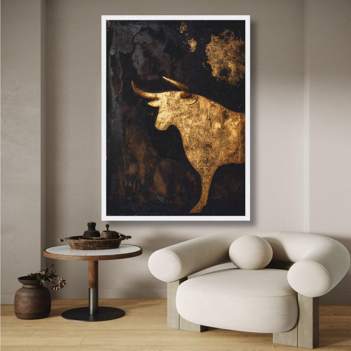 Golden Bull Silhouette Canvas Wall Art, Metallic Abstract Animal Canvas, Modern Rustic Home Decor, wall decoration, canvas print, wall art