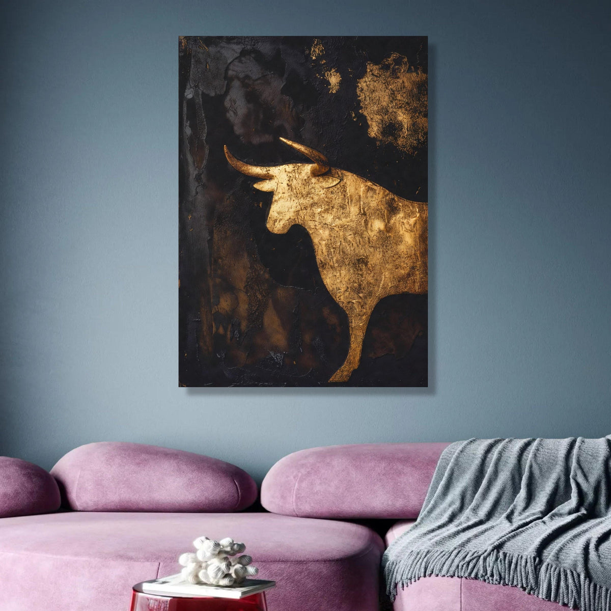 Golden Bull Silhouette Canvas Wall Art, Metallic Abstract Animal Canvas, Modern Rustic Home Decor, wall decoration, canvas print, wall art