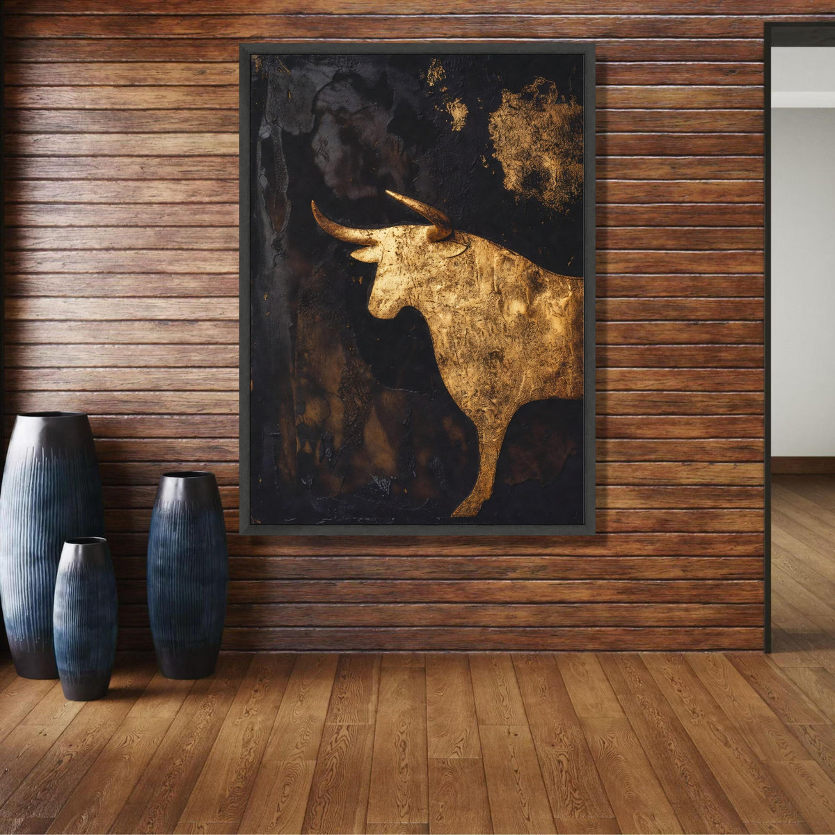 Golden Bull Silhouette Canvas Wall Art, Metallic Abstract Animal Canvas, Modern Rustic Home Decor, wall decoration, canvas print, wall art