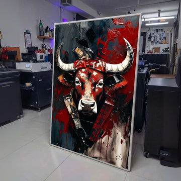 Bold Bull Head Canvas, Abstract Animal Wall Art, Modern Rustic Canvas, Red Black Decorative Art, wall decoration, canvas print, wall art