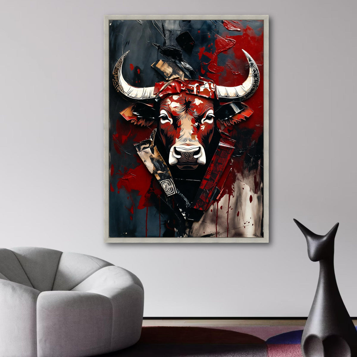 Bold Bull Head Canvas, Abstract Animal Wall Art, Modern Rustic Canvas, Red Black Decorative Art, wall decoration, canvas print, wall art