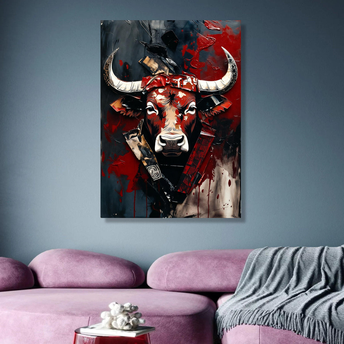 Bold Bull Head Canvas, Abstract Animal Wall Art, Modern Rustic Canvas, Red Black Decorative Art, wall decoration, canvas print, wall art