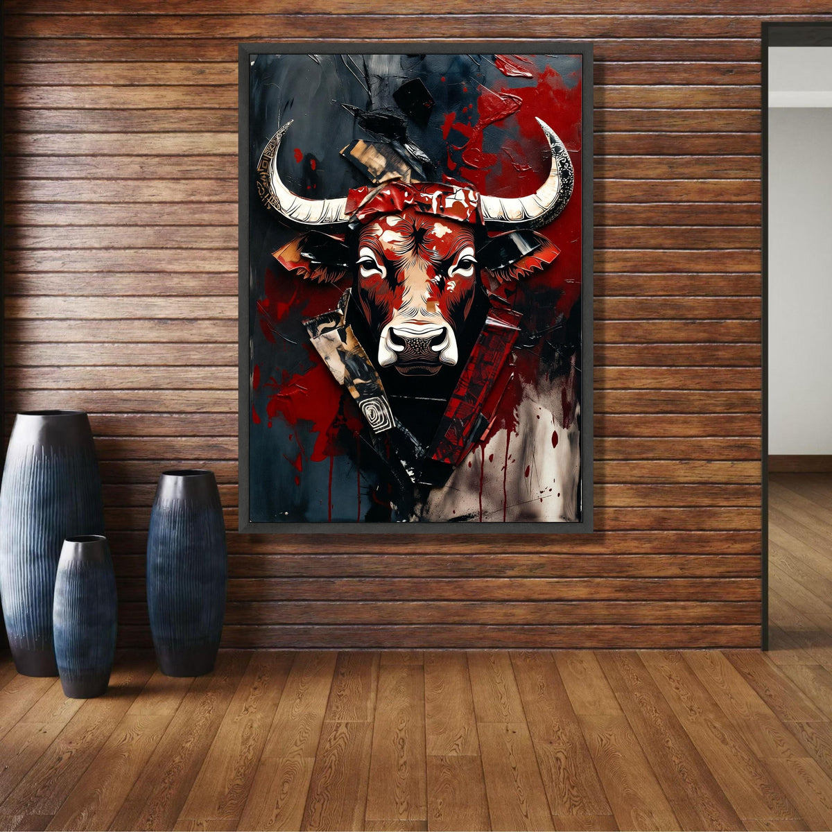 Bold Bull Head Canvas, Abstract Animal Wall Art, Modern Rustic Canvas, Red Black Decorative Art, wall decoration, canvas print, wall art