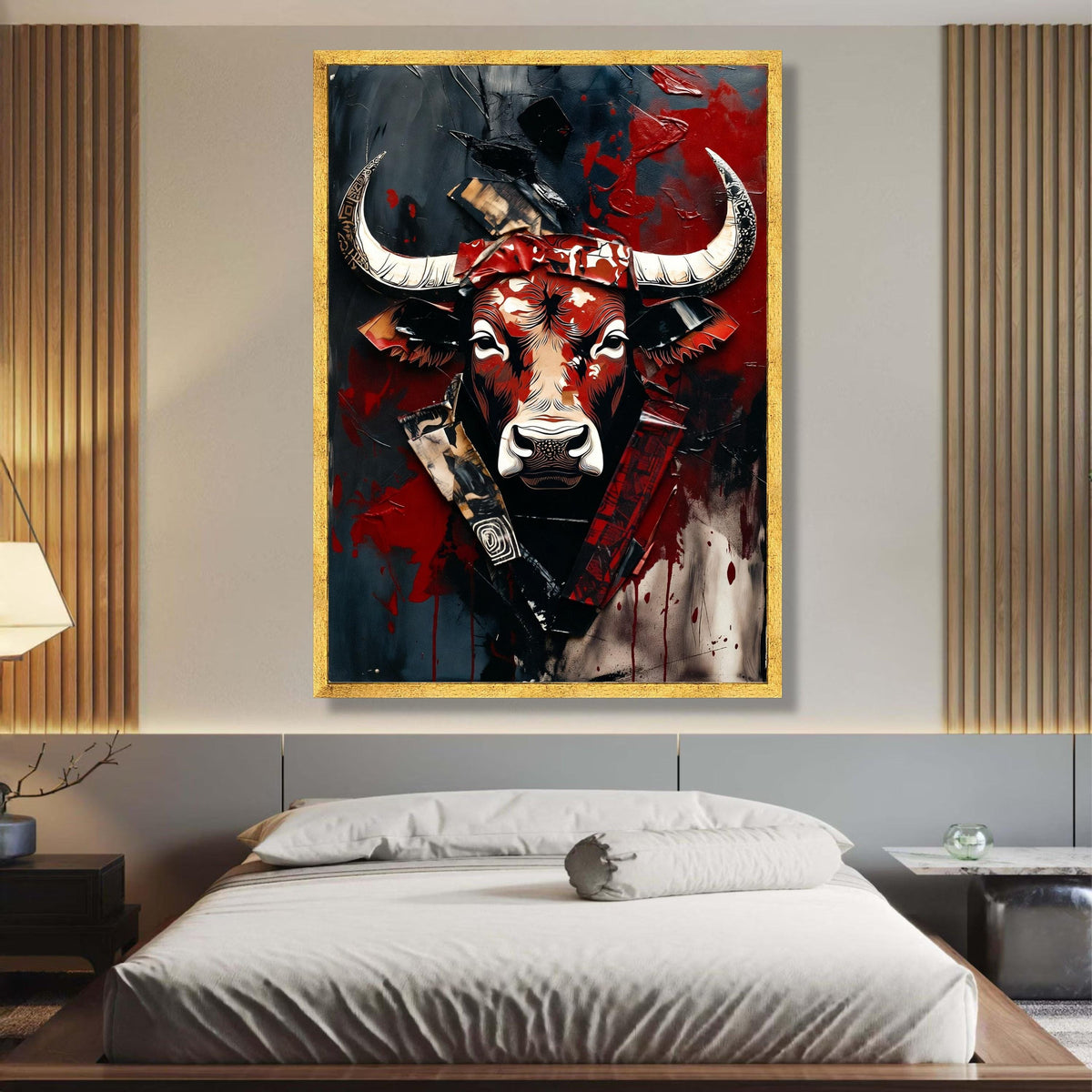 Bold Bull Head Canvas, Abstract Animal Wall Art, Modern Rustic Canvas, Red Black Decorative Art, wall decoration, canvas print, wall art