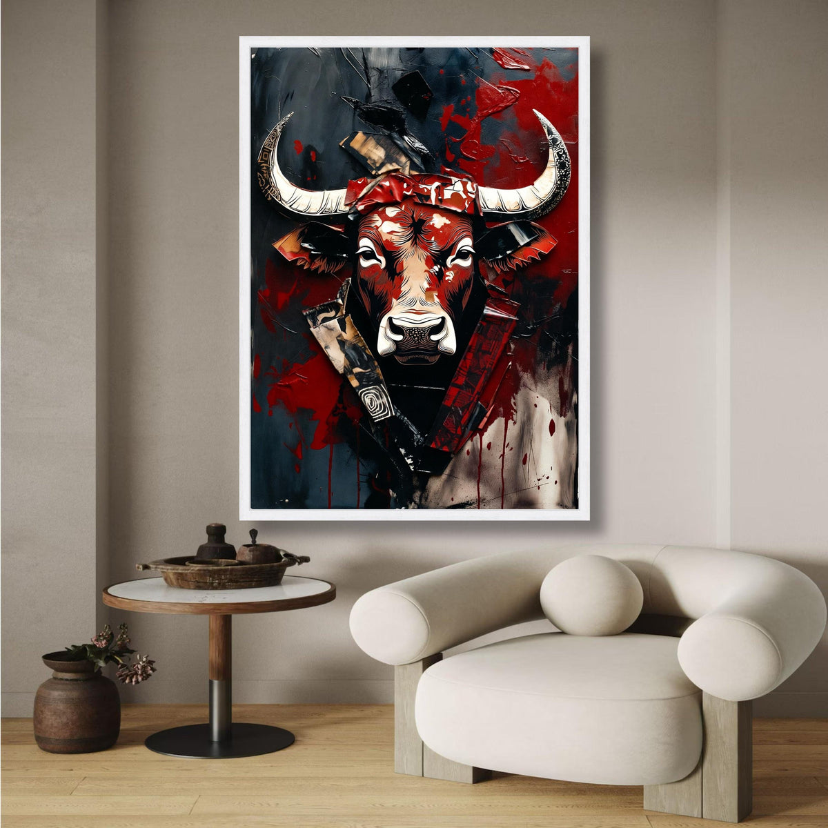 Bold Bull Head Canvas, Abstract Animal Wall Art, Modern Rustic Canvas, Red Black Decorative Art, wall decoration, canvas print, wall art