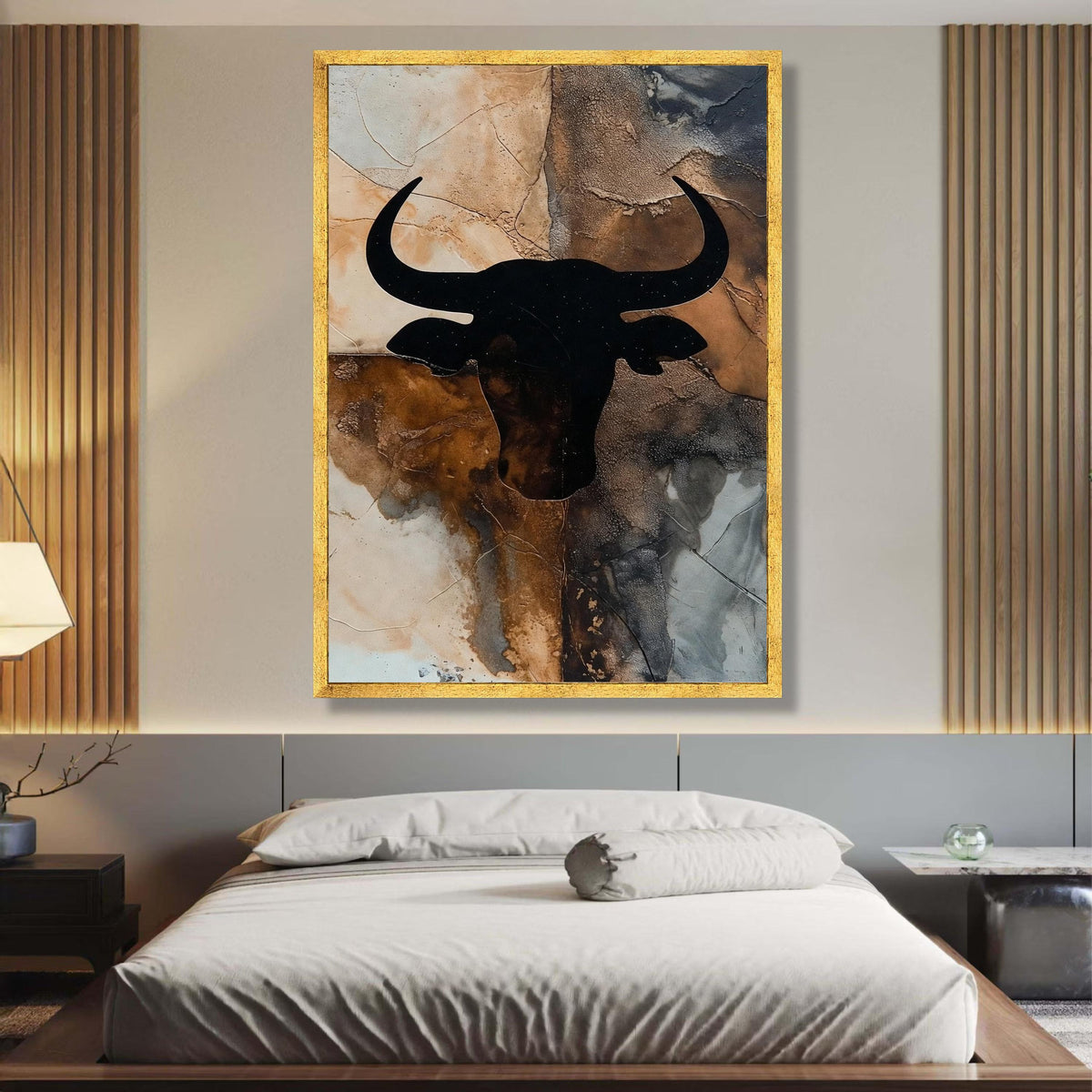 Rustic Bull Head Silhouette Canvas, Western Wall Art, Abstract Animal Decor, Brown Black Canvas, wall decoration, canvas print, wall art