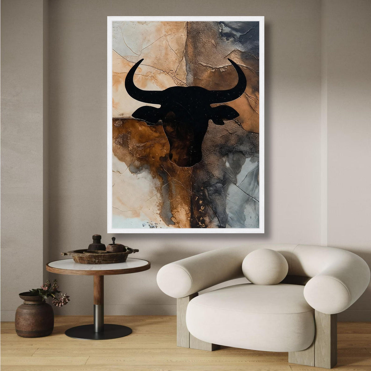 Rustic Bull Head Silhouette Canvas, Western Wall Art, Abstract Animal Decor, Brown Black Canvas, wall decoration, canvas print, wall art