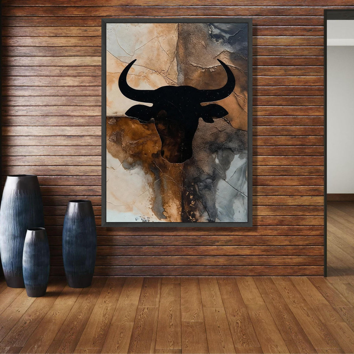 Rustic Bull Head Silhouette Canvas, Western Wall Art, Abstract Animal Decor, Brown Black Canvas, wall decoration, canvas print, wall art