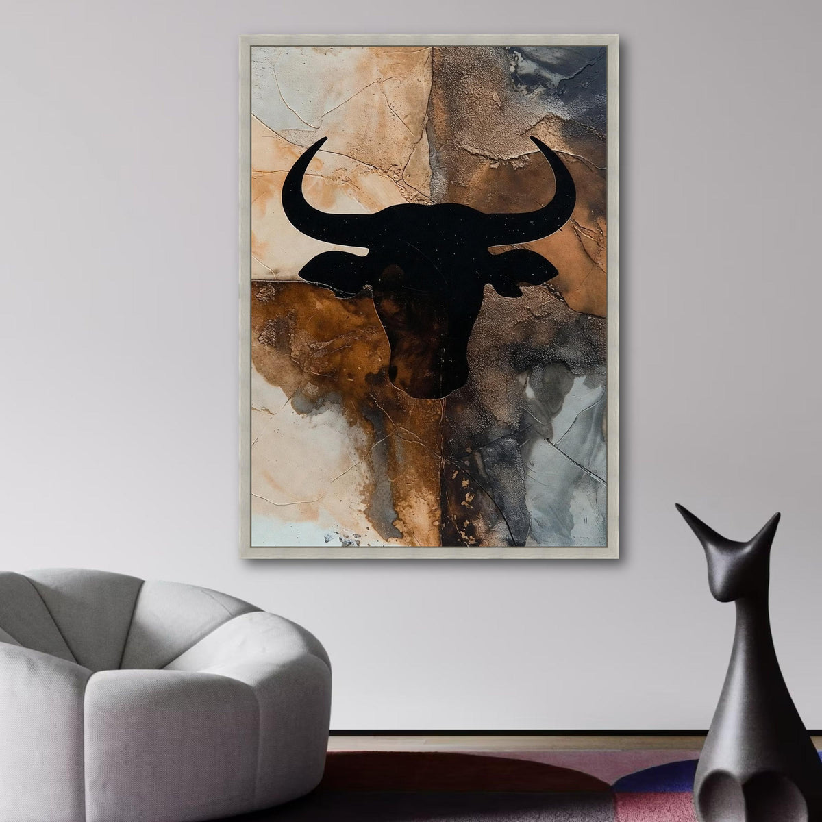 Rustic Bull Head Silhouette Canvas, Western Wall Art, Abstract Animal Decor, Brown Black Canvas, wall decoration, canvas print, wall art
