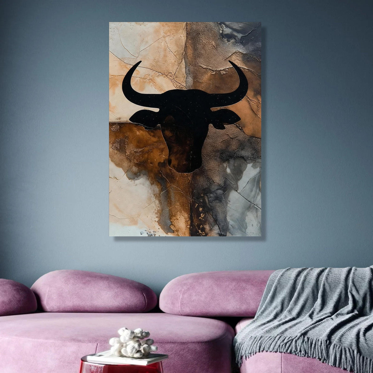 Rustic Bull Head Silhouette Canvas, Western Wall Art, Abstract Animal Decor, Brown Black Canvas, wall decoration, canvas print, wall art