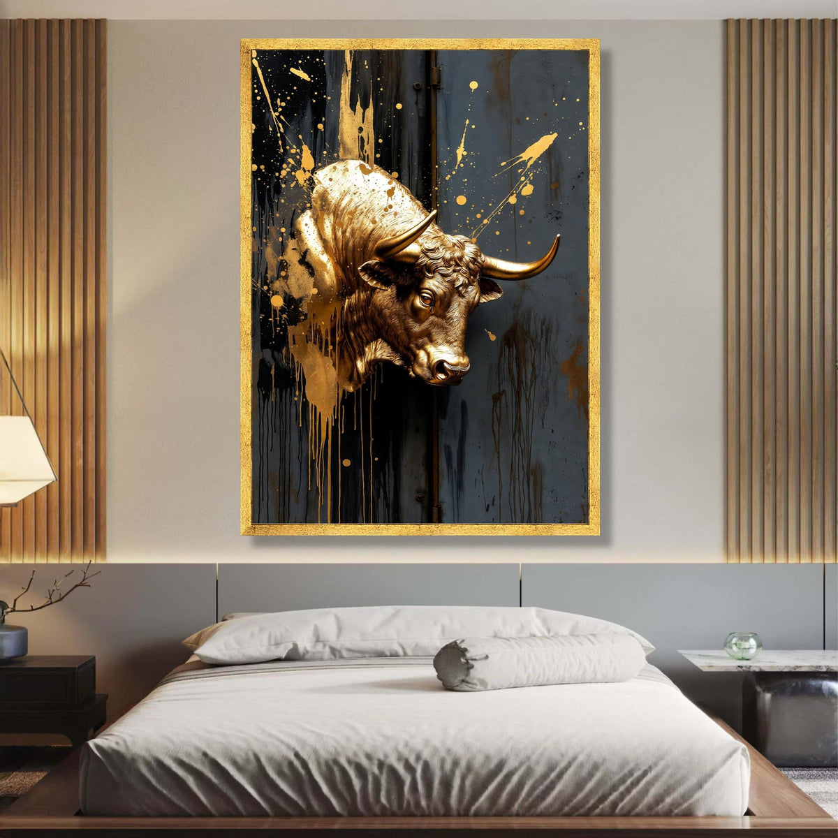 Golden Bull Head Canvas Wall Art, Modern Abstract Animal Decor, Metallic Splash Paint, Industrial wall decoration, canvas print, wall art