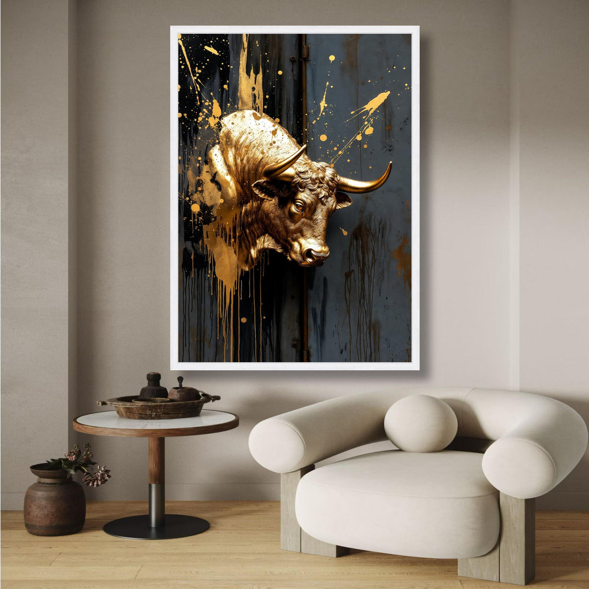 Golden Bull Head Canvas Wall Art, Modern Abstract Animal Decor, Metallic Splash Paint, Industrial wall decoration, canvas print, wall art