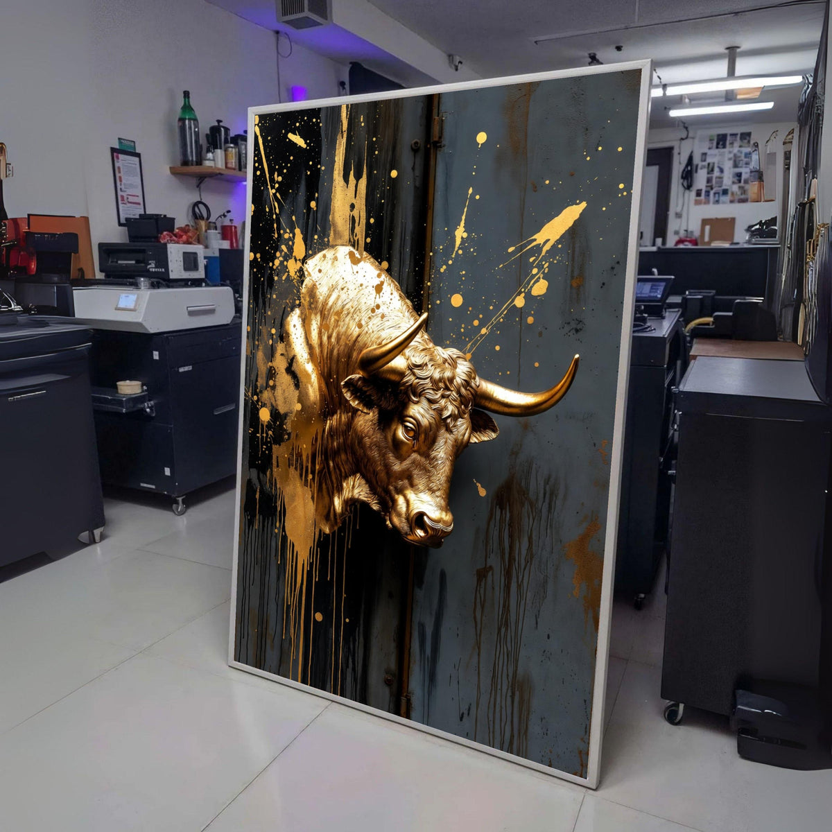 Golden Bull Head Canvas Wall Art, Modern Abstract Animal Decor, Metallic Splash Paint, Industrial wall decoration, canvas print, wall art