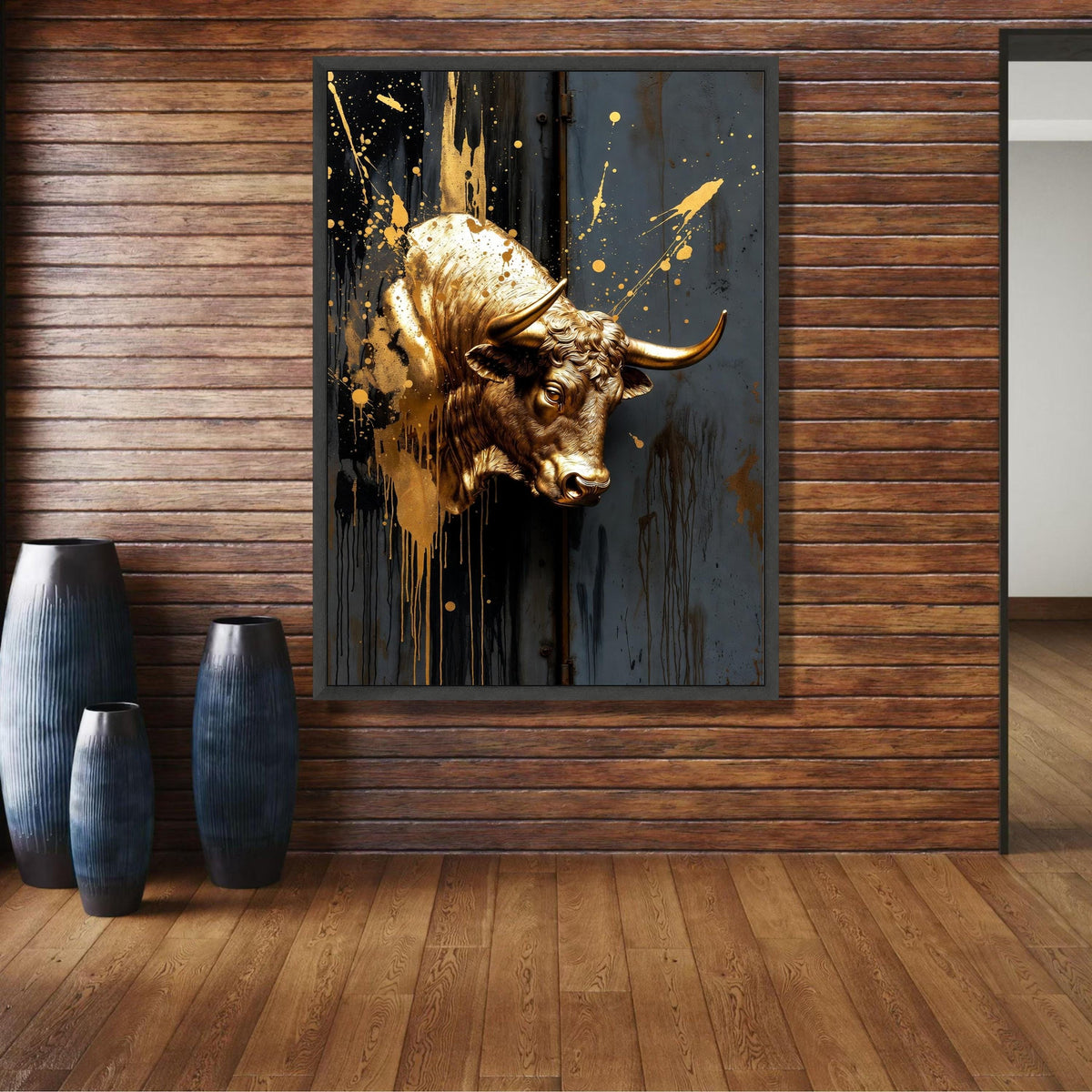 Golden Bull Head Canvas Wall Art, Modern Abstract Animal Decor, Metallic Splash Paint, Industrial wall decoration, canvas print, wall art