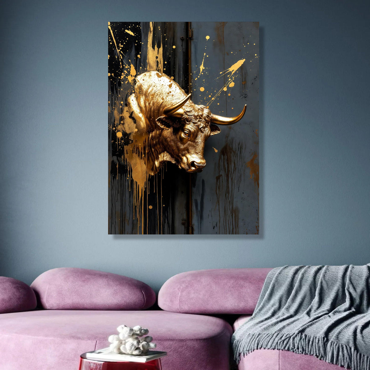 Golden Bull Head Canvas Wall Art, Modern Abstract Animal Decor, Metallic Splash Paint, Industrial wall decoration, canvas print, wall art