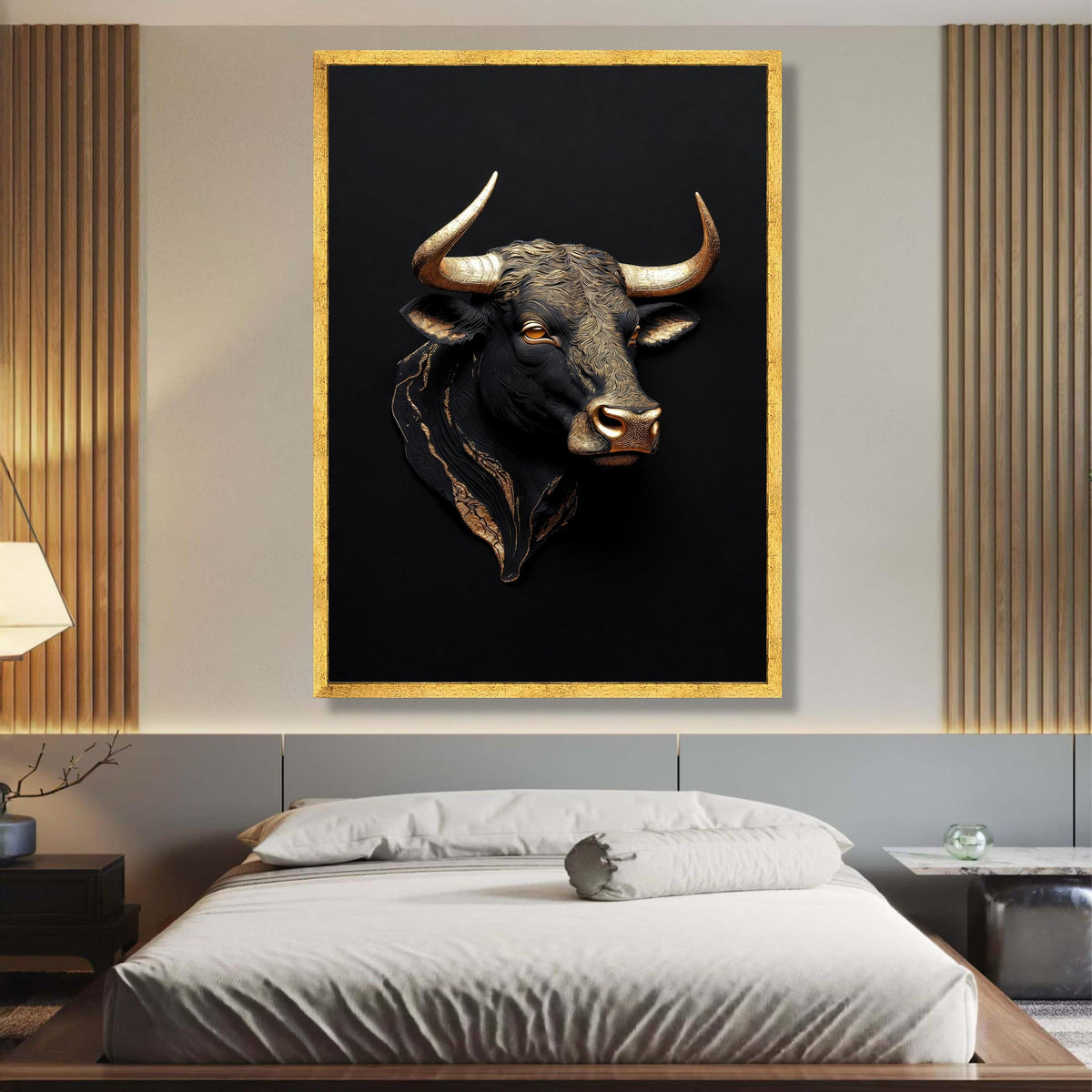 Golden Bull Head Canvas Wall Art, Metallic Animal Sculpture Print, Bold Contemporary Wall Decor, wall decoration, canvas print, wall art