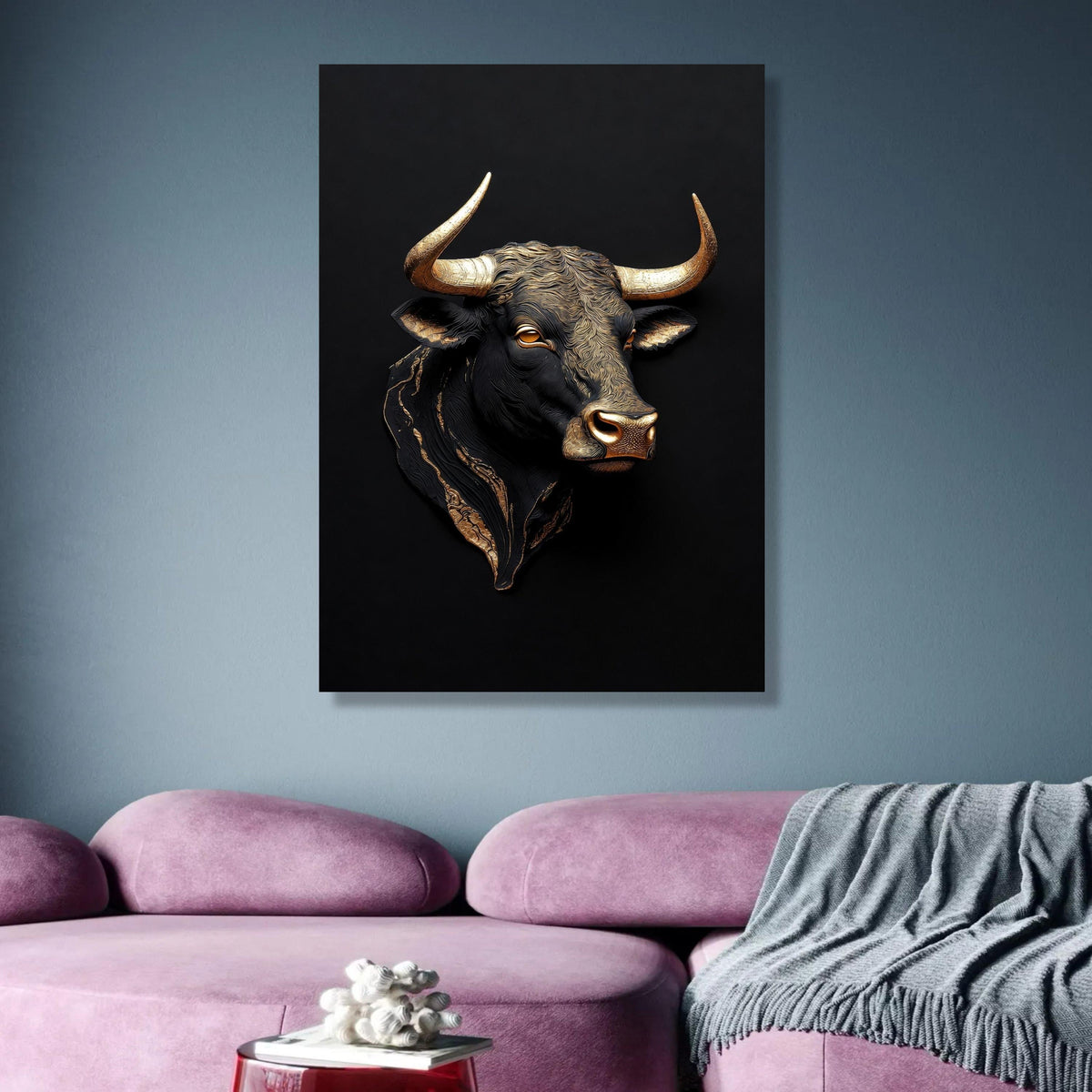Golden Bull Head Canvas Wall Art, Metallic Animal Sculpture Print, Bold Contemporary Wall Decor, wall decoration, canvas print, wall art