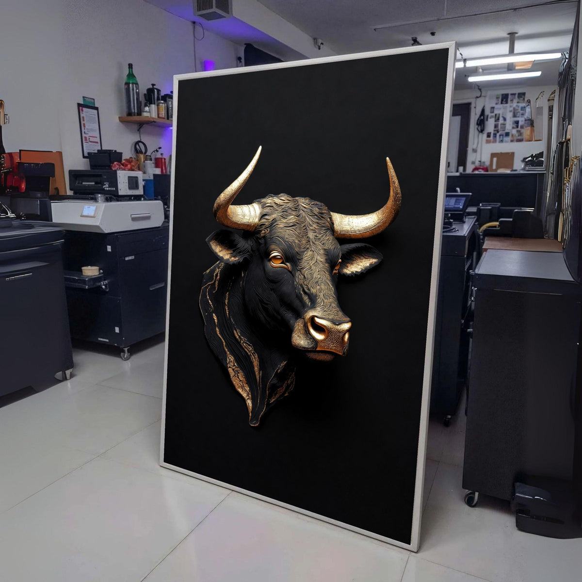 Golden Bull Head Canvas Wall Art, Metallic Animal Sculpture Print, Bold Contemporary Wall Decor, wall decoration, canvas print, wall art