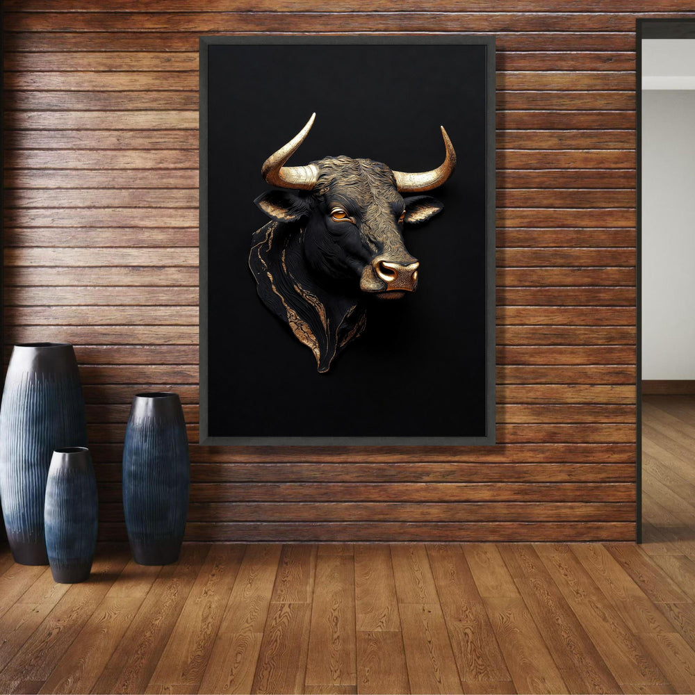 Golden Bull Head Canvas Wall Art, Metallic Animal Sculpture Print, Bold Contemporary Wall Decor, wall decoration, canvas print, wall art