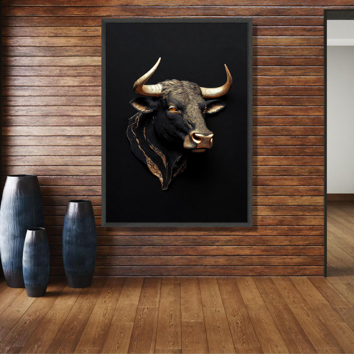 Golden Bull Head Canvas Wall Art, Metallic Animal Sculpture Print, Bold Contemporary Wall Decor, wall decoration, canvas print, wall art