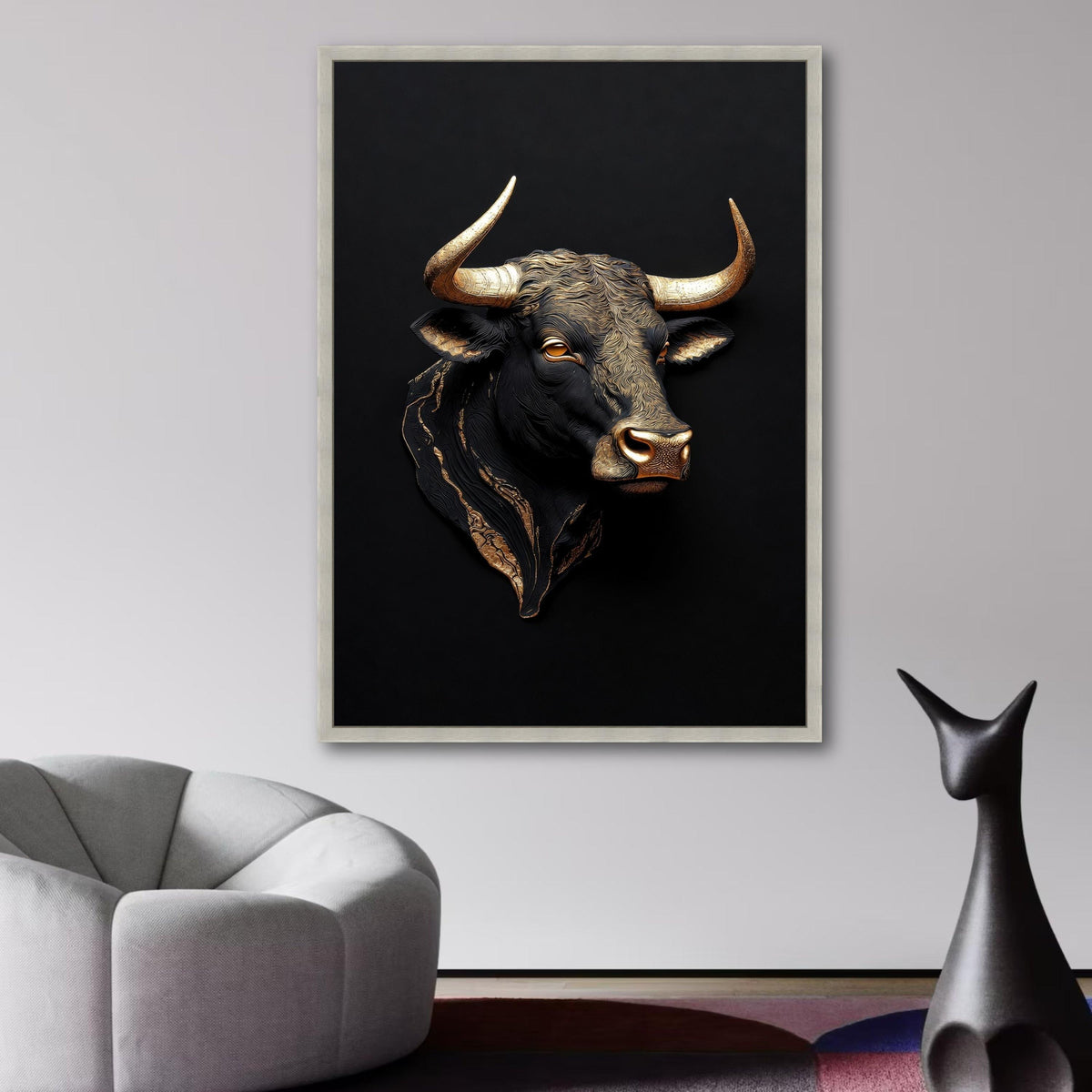 Golden Bull Head Canvas Wall Art, Metallic Animal Sculpture Print, Bold Contemporary Wall Decor, wall decoration, canvas print, wall art