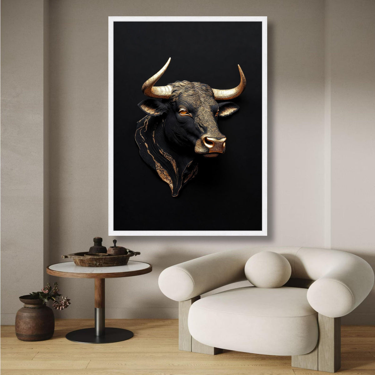 Golden Bull Head Canvas Wall Art, Metallic Animal Sculpture Print, Bold Contemporary Wall Decor, wall decoration, canvas print, wall art