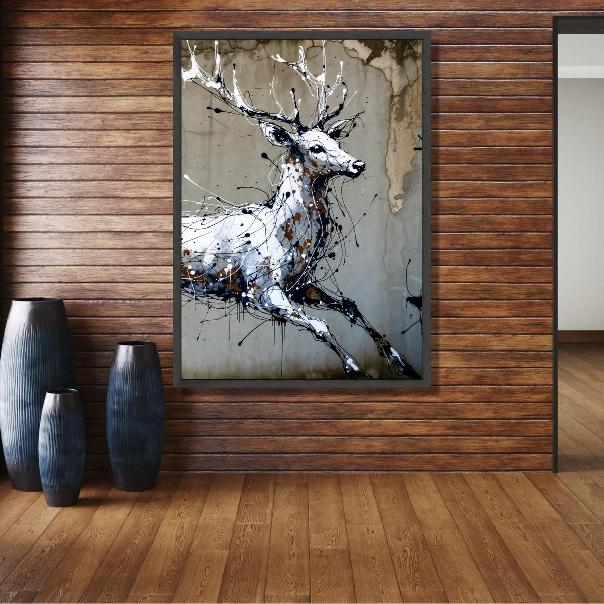 Abstract Deer Canvas Wall Art, Modern Wildlife Painting, Black White Brown Animal Art, Contemporary wall decoration, canvas print, wall art