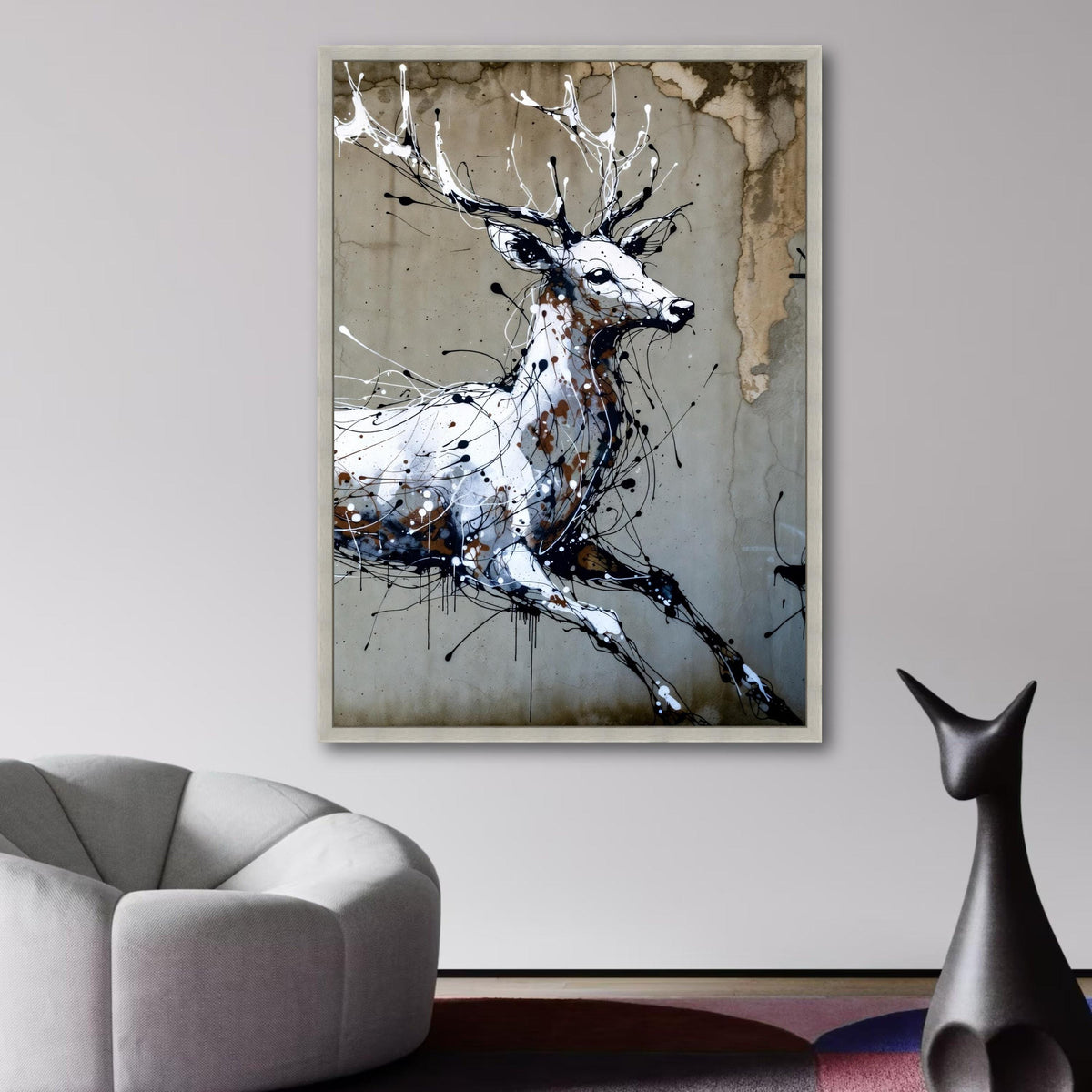 Abstract Deer Canvas Wall Art, Modern Wildlife Painting, Black White Brown Animal Art, Contemporary wall decoration, canvas print, wall art