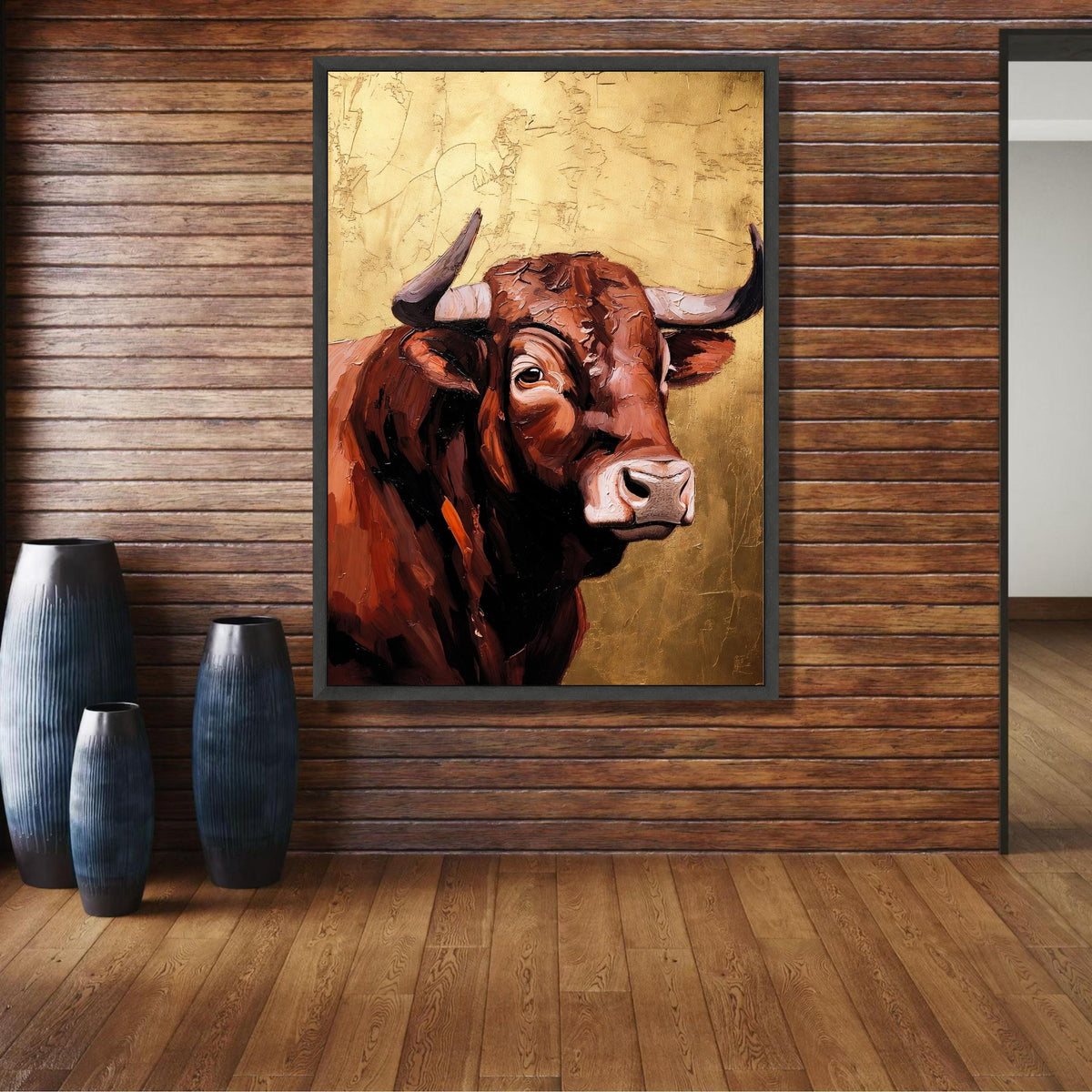 Majestic Brown Bull Portrait Canvas, Rustic Farm Animal Wall Art, Painting Style, Western Decor wall decoration, canvas print, wall art