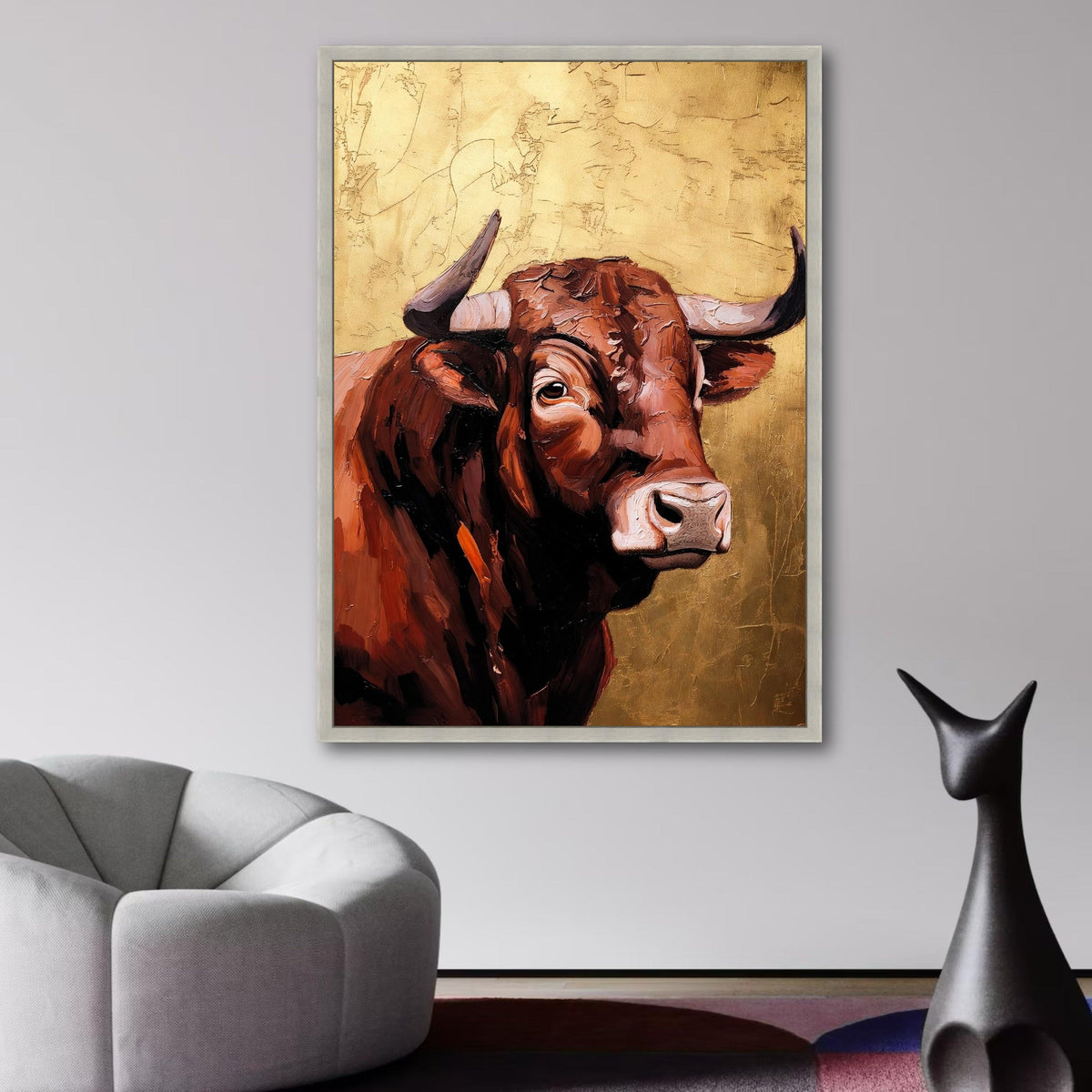 Majestic Brown Bull Portrait Canvas, Rustic Farm Animal Wall Art, Painting Style, Western Decor wall decoration, canvas print, wall art