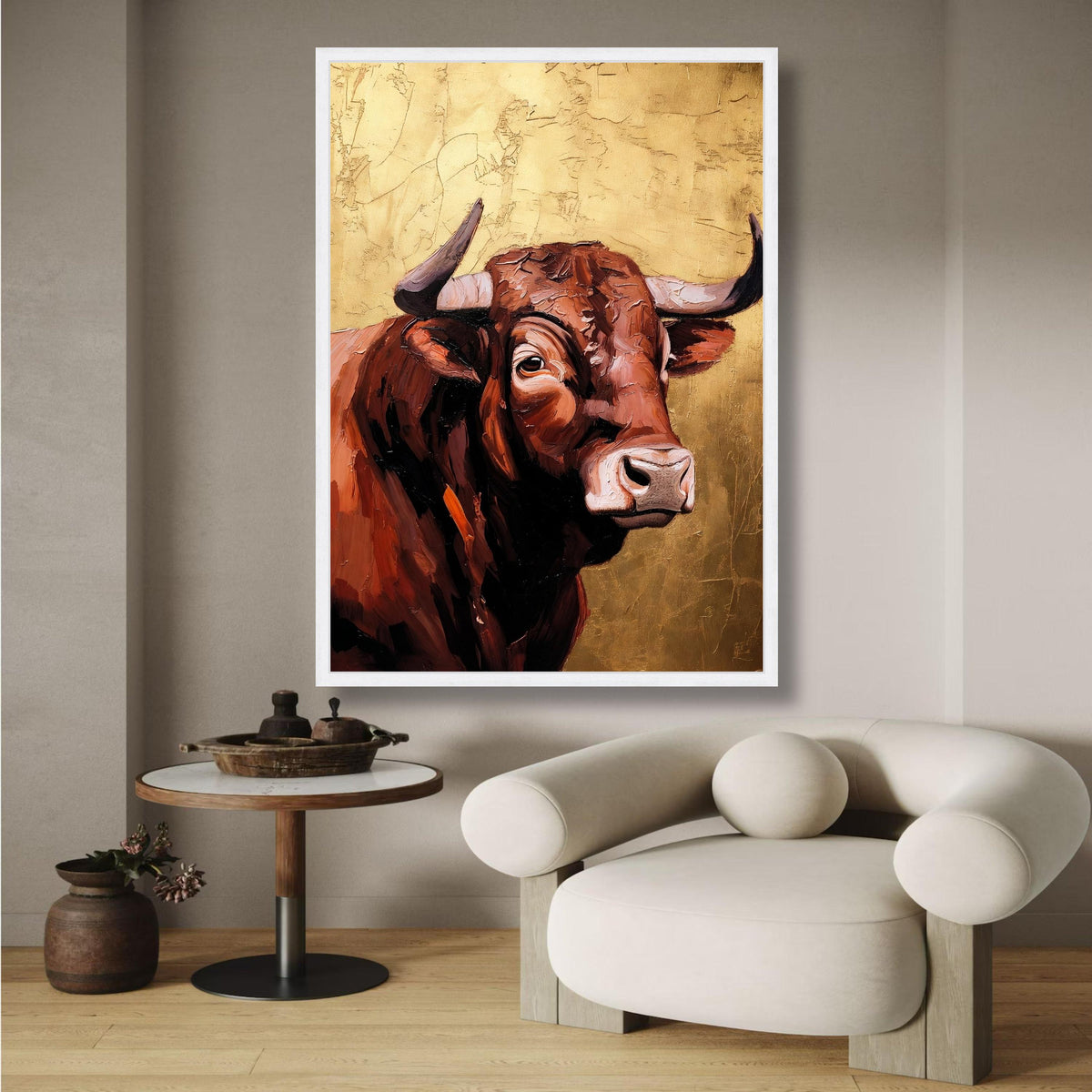 Majestic Brown Bull Portrait Canvas, Rustic Farm Animal Wall Art, Painting Style, Western Decor wall decoration, canvas print, wall art