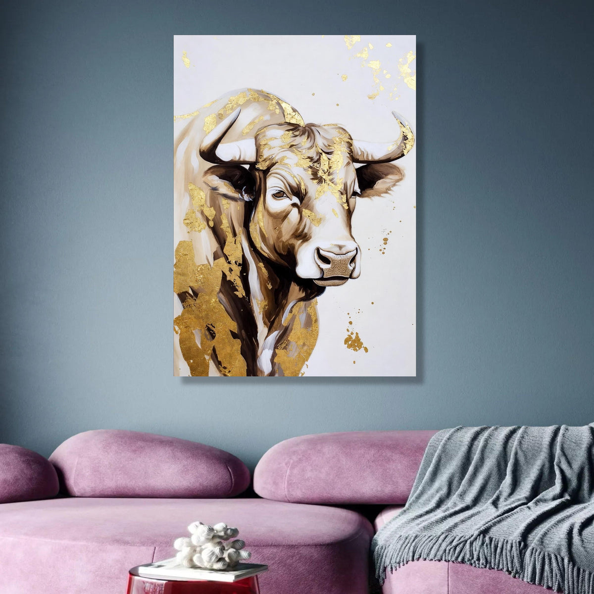 Majestic Bull Portrait Canvas Wall Art, Gold Leaf Accent Animal Painting, Farmhouse Rustic Decor, wall decoration, canvas print, wall art