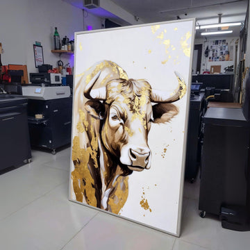 Majestic Bull Portrait Canvas Wall Art, Gold Leaf Accent Animal Painting, Farmhouse Rustic Decor, wall decoration, canvas print, wall art