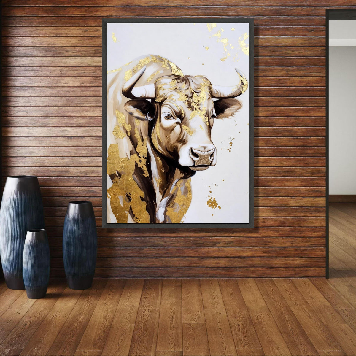 Majestic Bull Portrait Canvas Wall Art, Gold Leaf Accent Animal Painting, Farmhouse Rustic Decor, wall decoration, canvas print, wall art