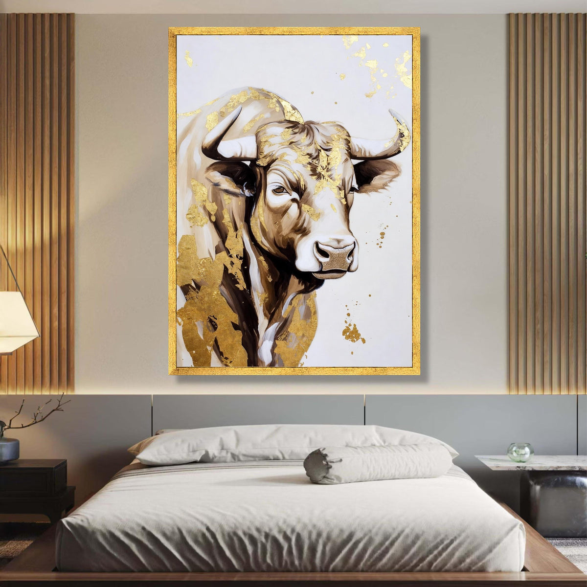 Majestic Bull Portrait Canvas Wall Art, Gold Leaf Accent Animal Painting, Farmhouse Rustic Decor, wall decoration, canvas print, wall art