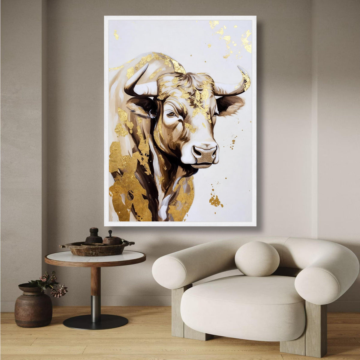 Majestic Bull Portrait Canvas Wall Art, Gold Leaf Accent Animal Painting, Farmhouse Rustic Decor, wall decoration, canvas print, wall art