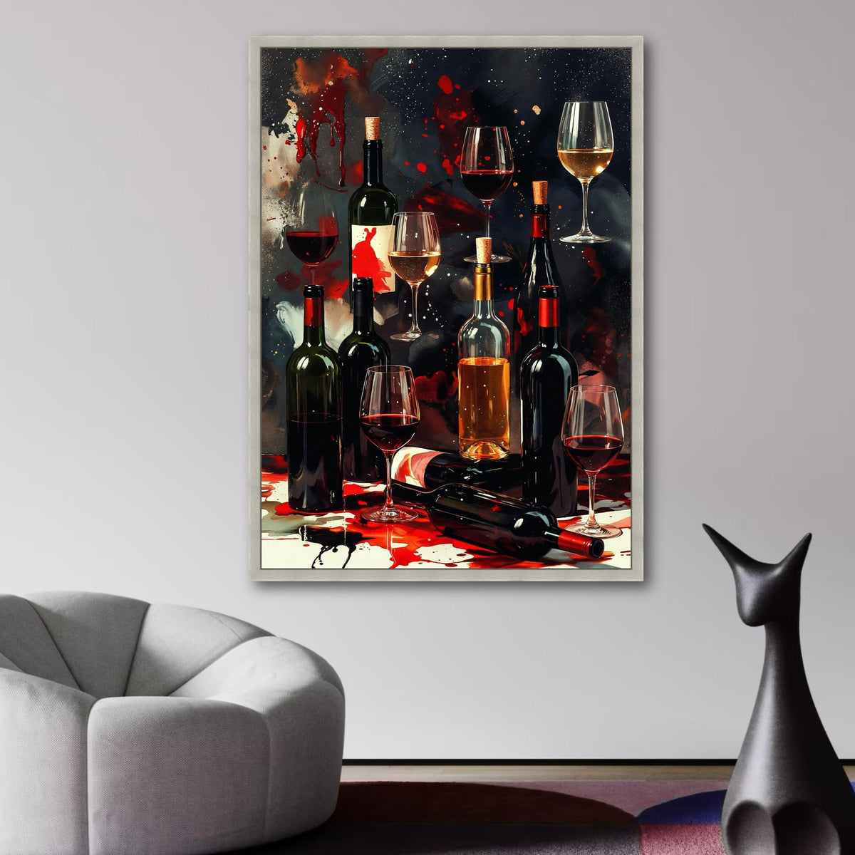 Elegant Wine Bottles and Glasses Canvas, Abstract Wine Art, Bar Decor Canvas, Red and White Wine wall decoration, canvas print, wall art