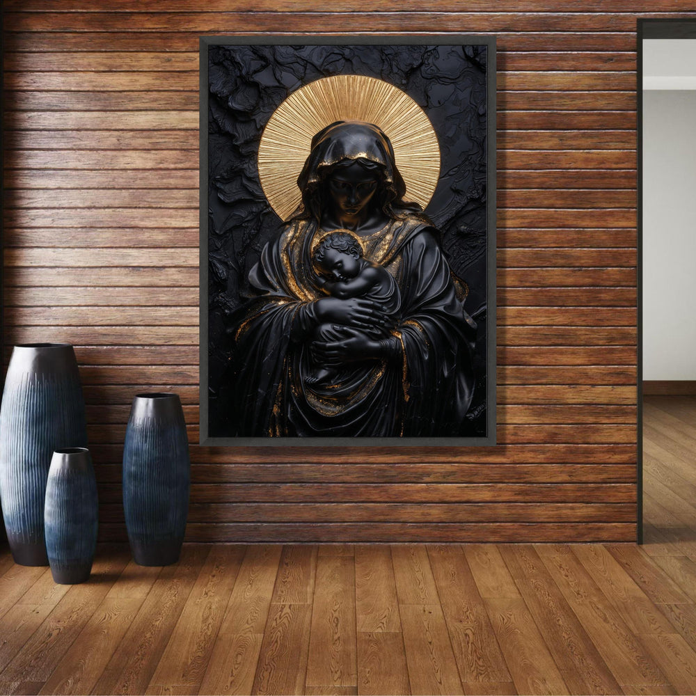 Black and Gold Madonna Canvas, Religious Wall Art, Modern Virgin Mary and Baby Jesus, Elegant wall decoration, canvas print, wall art