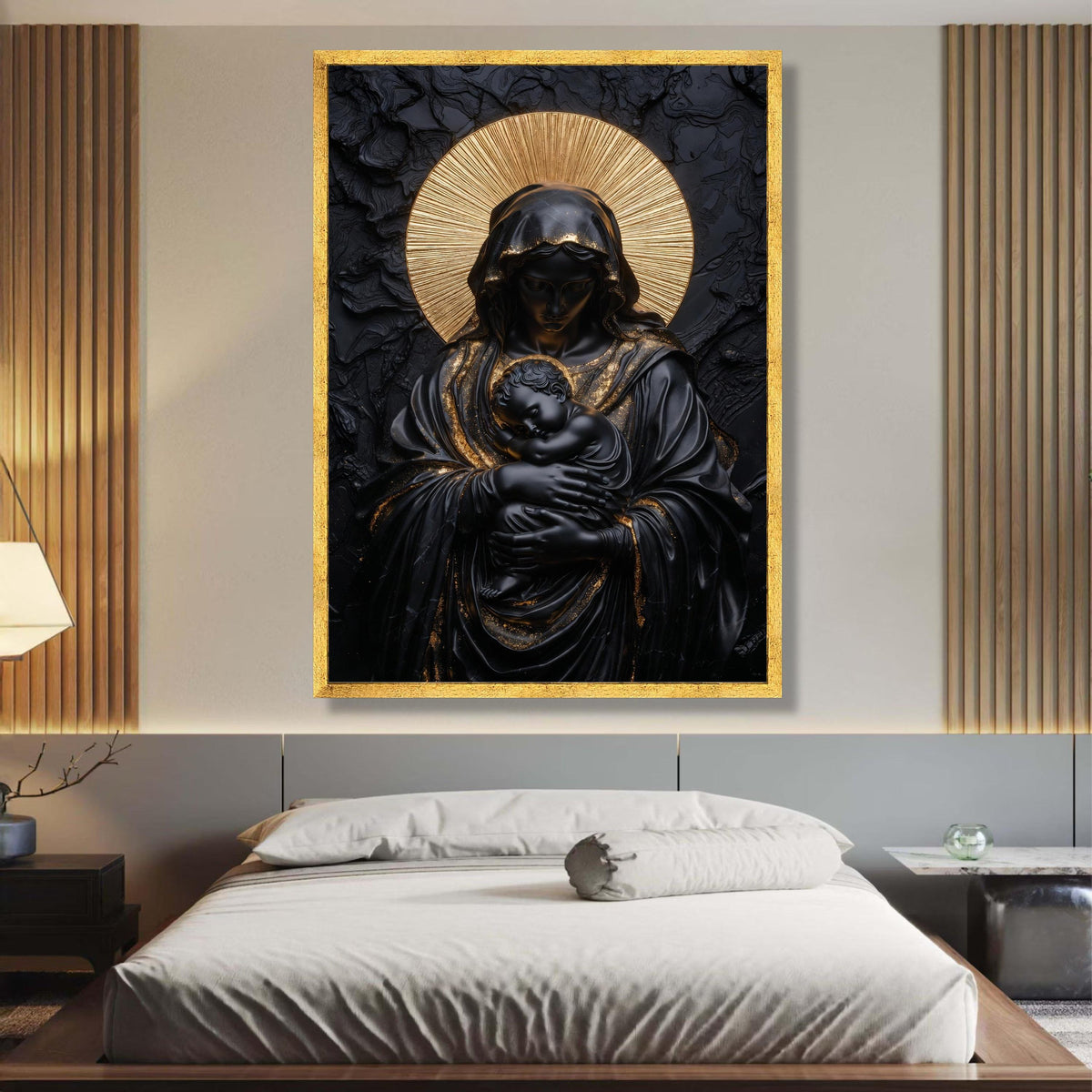Black and Gold Madonna Canvas, Religious Wall Art, Modern Virgin Mary and Baby Jesus, Elegant wall decoration, canvas print, wall art