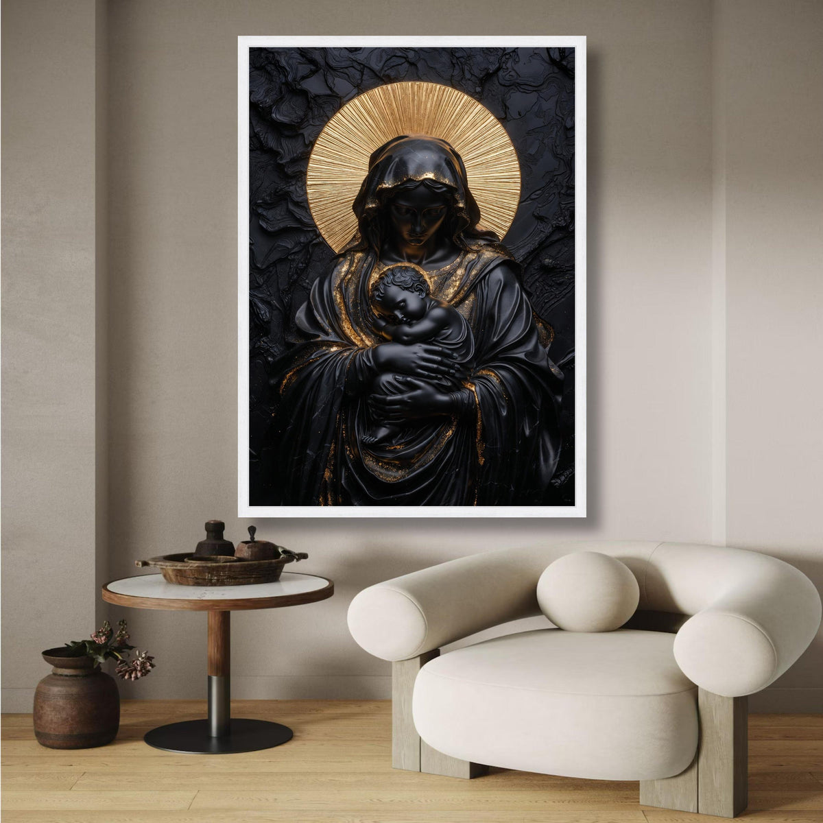 Black and Gold Madonna Canvas, Religious Wall Art, Modern Virgin Mary and Baby Jesus, Elegant wall decoration, canvas print, wall art